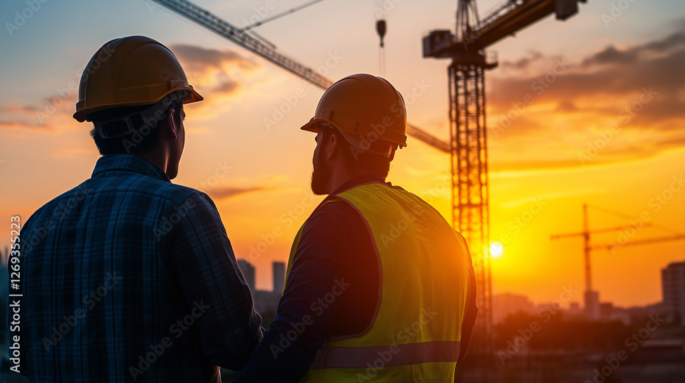 A manager and a construction worker standing side by side, looking at a massive crane lifting steel beams, both engaged in problem-solving discussions. A manager and a construction worker standing side by side, looking at a massive crane lifting steel beams, both engaged in problem-solving discussions.