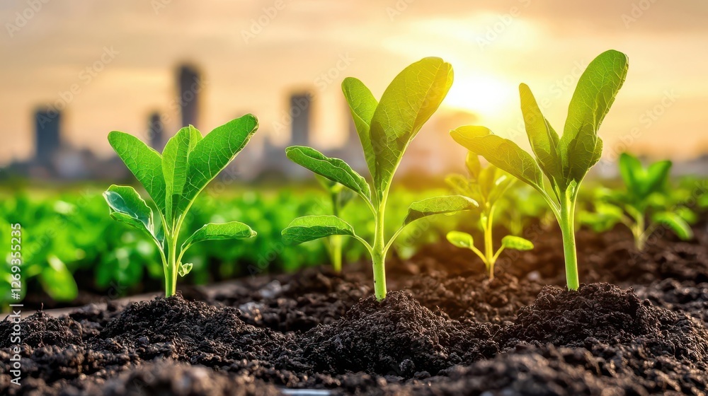 Growing plants basking in sunlight with a city skyline in the background. Growing plants basking in sunlight with a city skyline in the background.