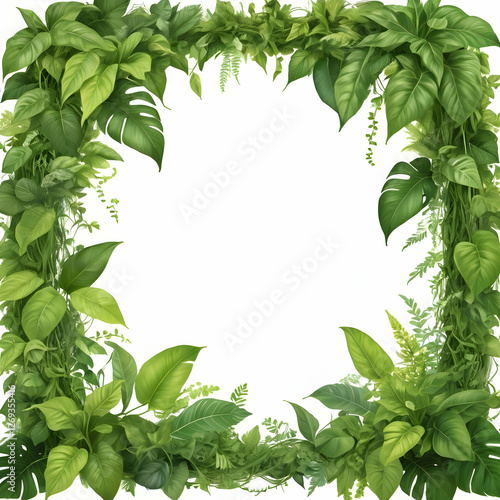 Lush green tropical foliage frame with vines and leaves decorative natural botanical border and fresh organic backdrop isolated on white background