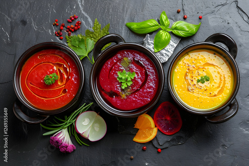 Trio of colorful gourmet soups in bowls