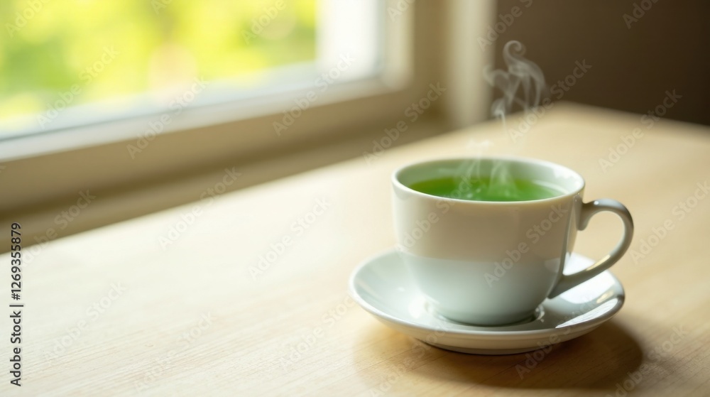 A steaming cup of green tea sits on a light wooden table next to a sunlit window, offering a moment of tranquility and warmth. A steaming cup of green tea sits on a light wooden table next to a sunlit window, offering a moment of tranquility and warmth.