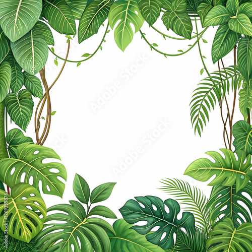 lush green tropical foliage frame with vines and leaves decorative natural botanical border and fresh organic backdrop isolated on white background