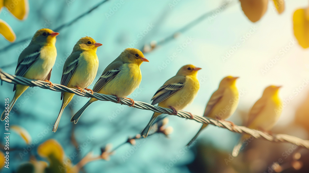 Naklejka premium A row of vibrant yellow birds perched on a wire in soft sunlight, symbolizing harmony, freedom, and nature’s beauty, perfect for wildlife photography and inspirational themes