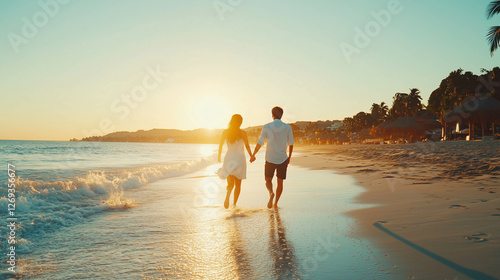 Fototapeta Naklejka Na Ścianę i Meble -  An Asian couple walking playfully along the shoreline.