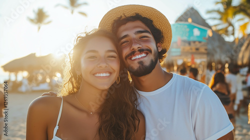 A young couple is relaxing at the beach, with the sunlight and beachy vibe.