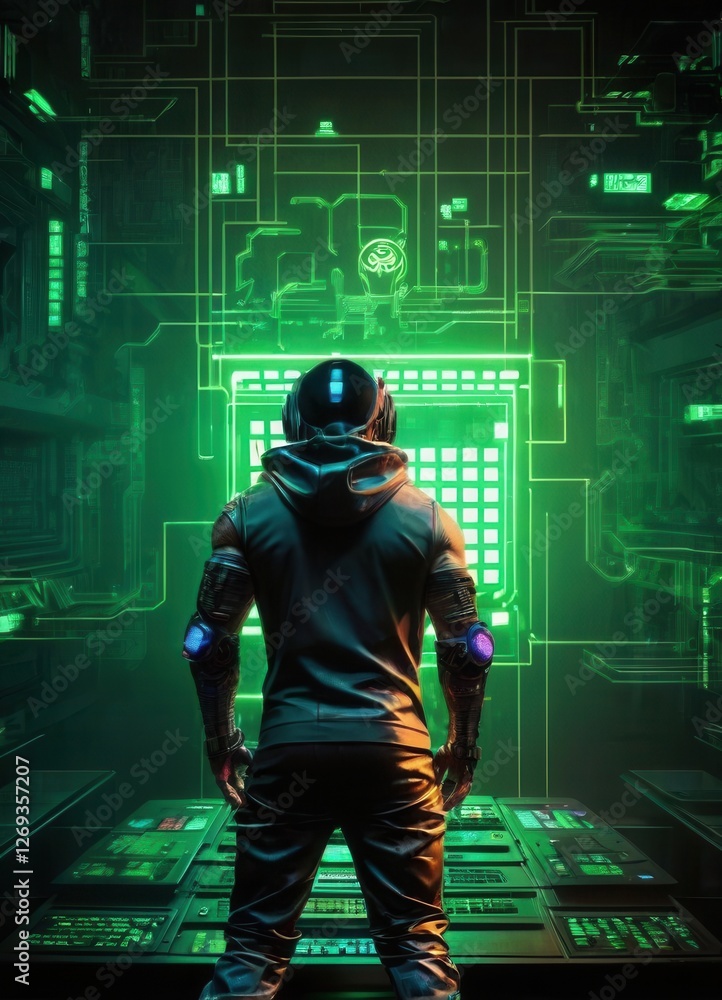 A dark and terrifying sci-fi image about a hacker terrorizing a computer network. A dark and terrifying sci-fi image about a hacker terrorizing a computer network.