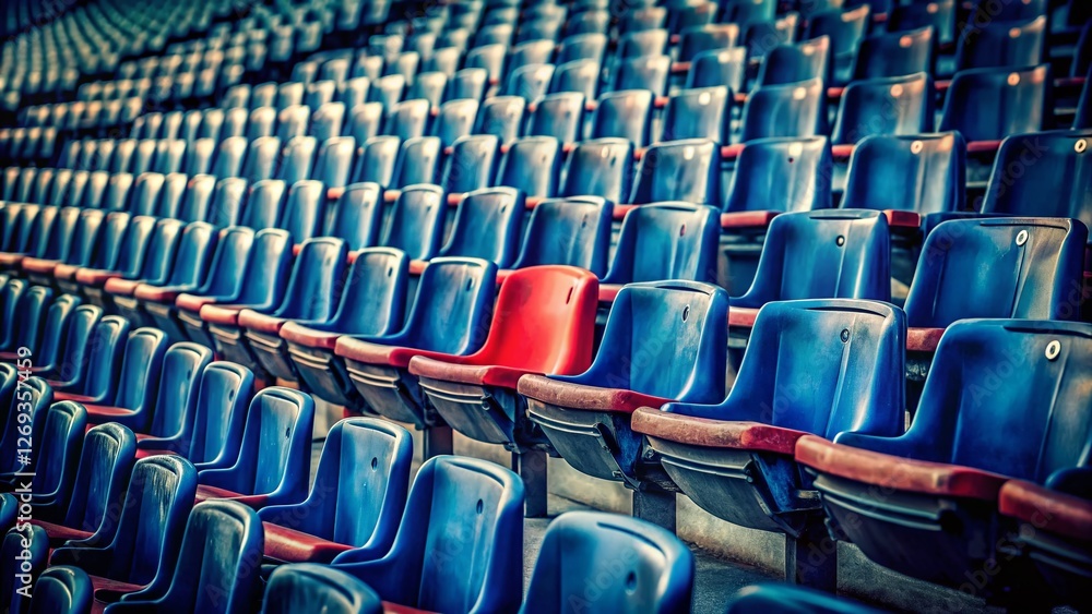 Fototapeta premium Vintage Stadium: Rows of Dark Blue Seats, One Red Accent