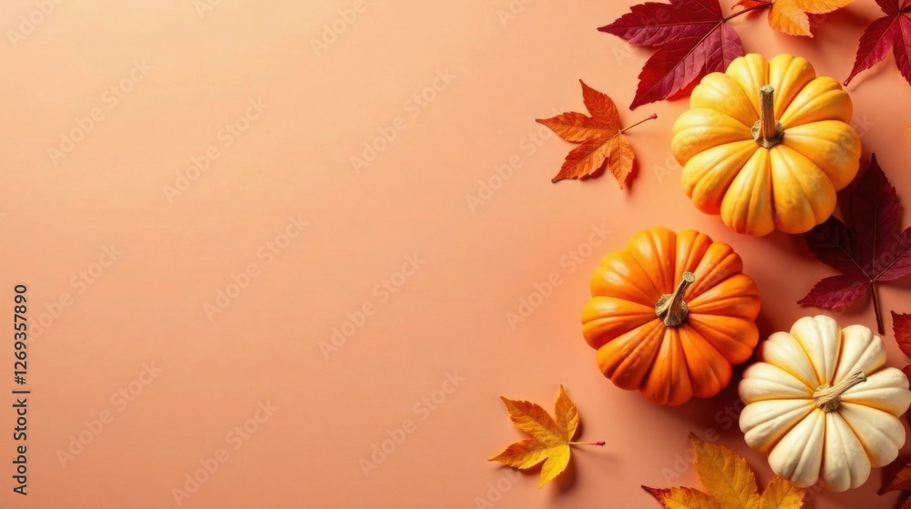 Autumnal Arrangement Featuring Small Pumpkins and Colorful Leaves on a Peach Background Autumnal Arrangement Featuring Small Pumpkins and Colorful Leaves on a Peach Background