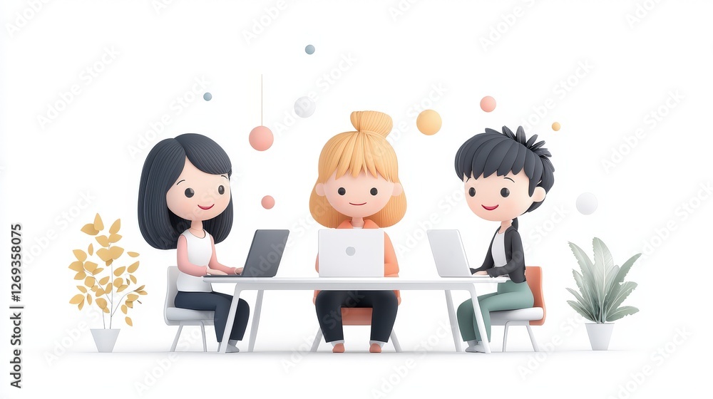 Fototapeta premium 3D modern illustration of a diverse workplace, employees of different backgrounds collaborating at a meeting table, minimal gradient design, professional stock