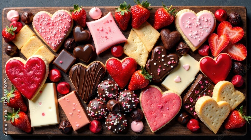 An assortment of heart-shaped cookies, chocolate confections, and fresh strawberries arranged on a wooden board. An assortment of heart-shaped cookies, chocolate confections, and fresh strawberries arranged on a wooden board.