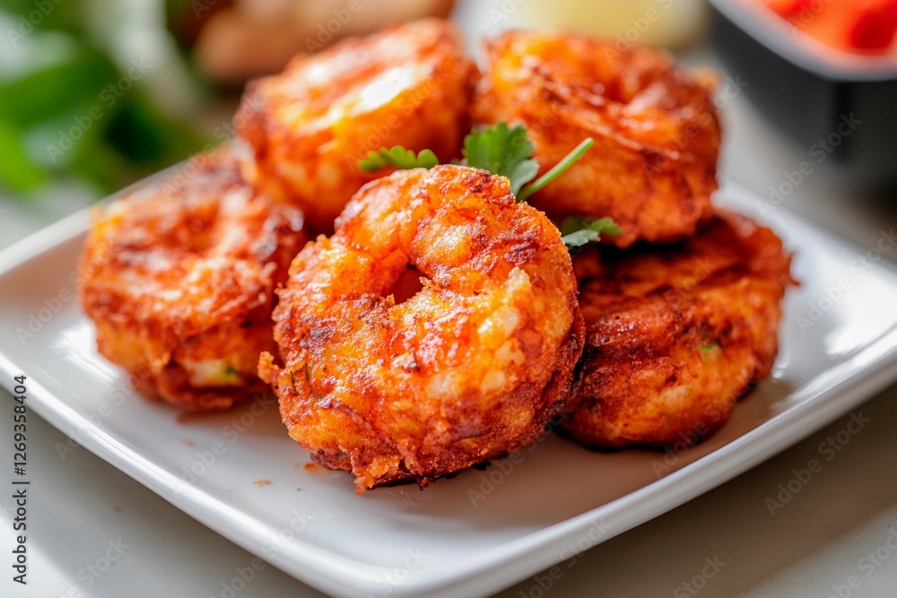 Crispy golden fritters served on a white plate in a vibrant culinary setting Crispy golden fritters served on a white plate in a vibrant culinary setting