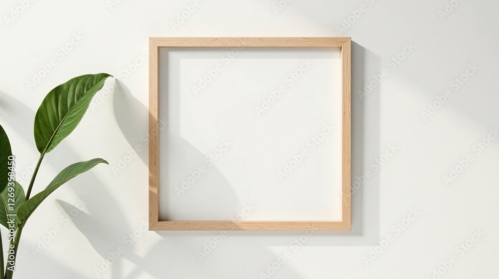 Light and Shadow Play A Minimalist Mockup Featuring a Simple Wooden Frame and Lush Greenery Against a Pristine White Wall Light and Shadow Play A Minimalist Mockup Featuring a Simple Wooden Frame and Lush Greenery Against a Pristine White Wall