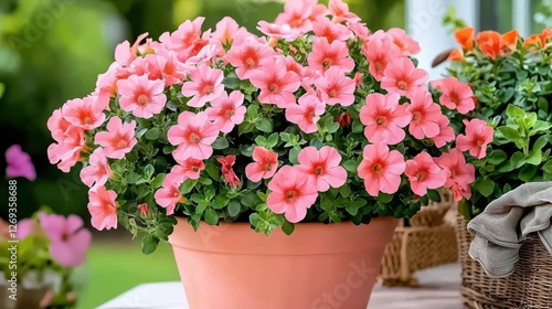 Wallpaper Mural Pink flowers in a terracotta pot, bright green leaves, outdoor garden setting. Torontodigital.ca