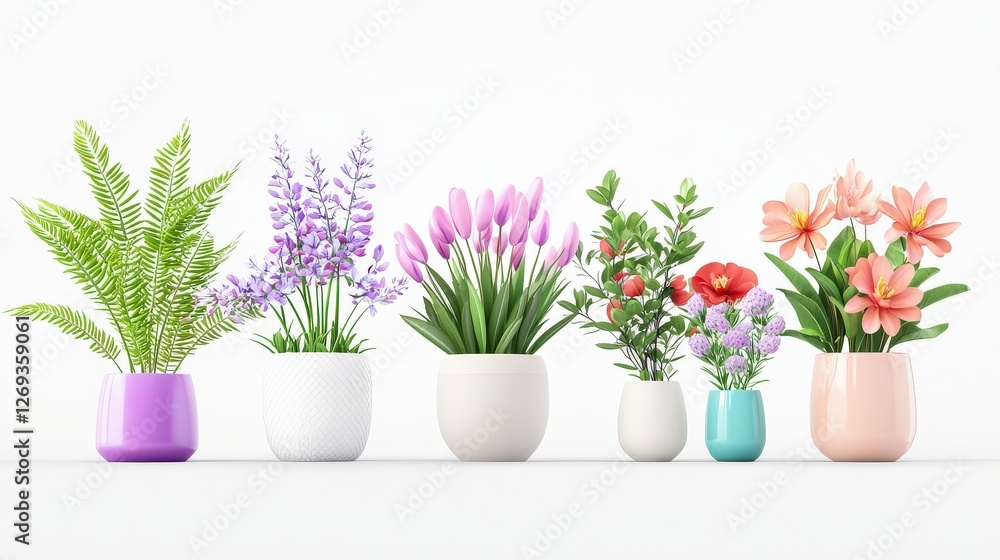 A 3D cartoon render of house plants with flowers in pots, including pink pose, purple lupine, red poppy, and tropical plumeria frangipani tree with leaves and blossoms, set against a white background A 3D cartoon render of house plants with flowers in pots, including pink pose, purple lupine, red poppy, and tropical plumeria frangipani tree with leaves and blossoms, set against a white background