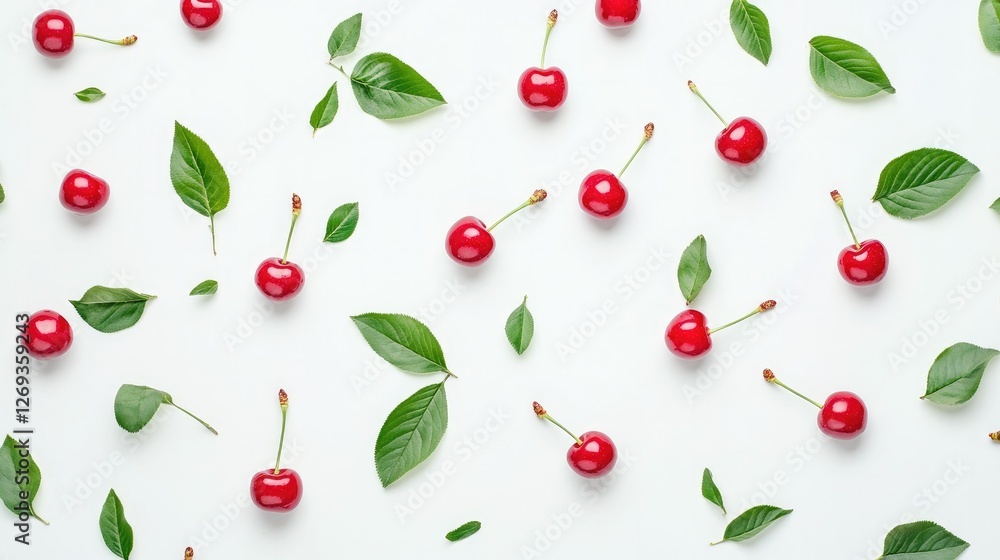 Close-up of bright red cherries with green leaves on a white background, evoking summer and healthy eating Close-up of bright red cherries with green leaves on a white background, evoking summer and healthy eating