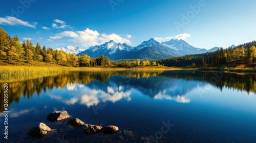 Breathtaking view of a serene lake reflecting majestic mountains and clear blue skies in a tranquil autumn setting.