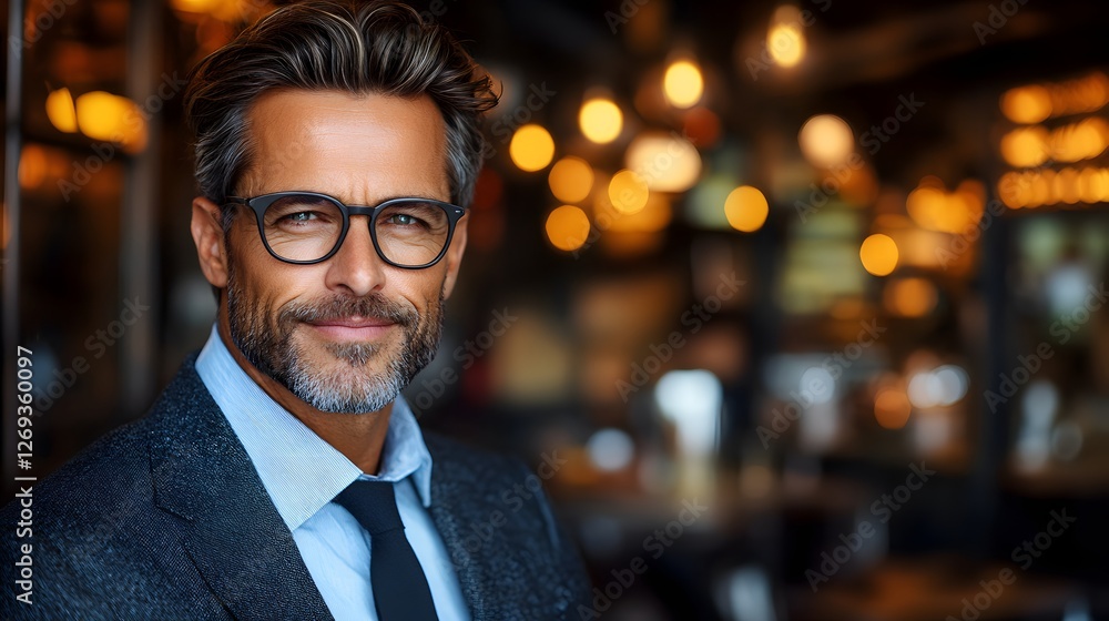 Fototapeta premium Attraktiver Geschäftsmann mit Brille in stilvoller Umgebung