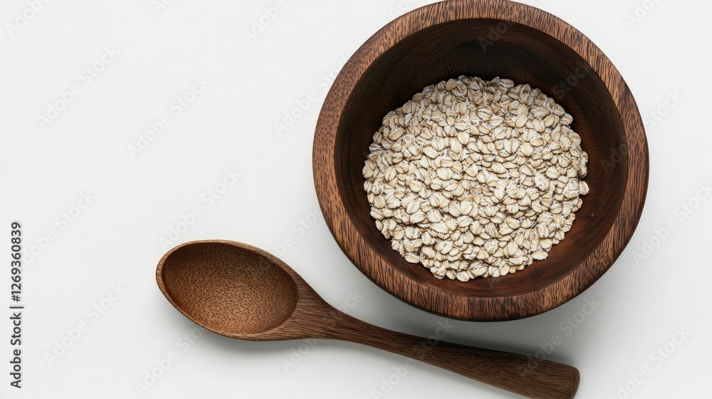 Isolated on white, a rustic wooden bowl filled with oats and a wooden spoon resting beside it, ideal for organic food themes Isolated on white, a rustic wooden bowl filled with oats and a wooden spoon resting beside it, ideal for organic food themes