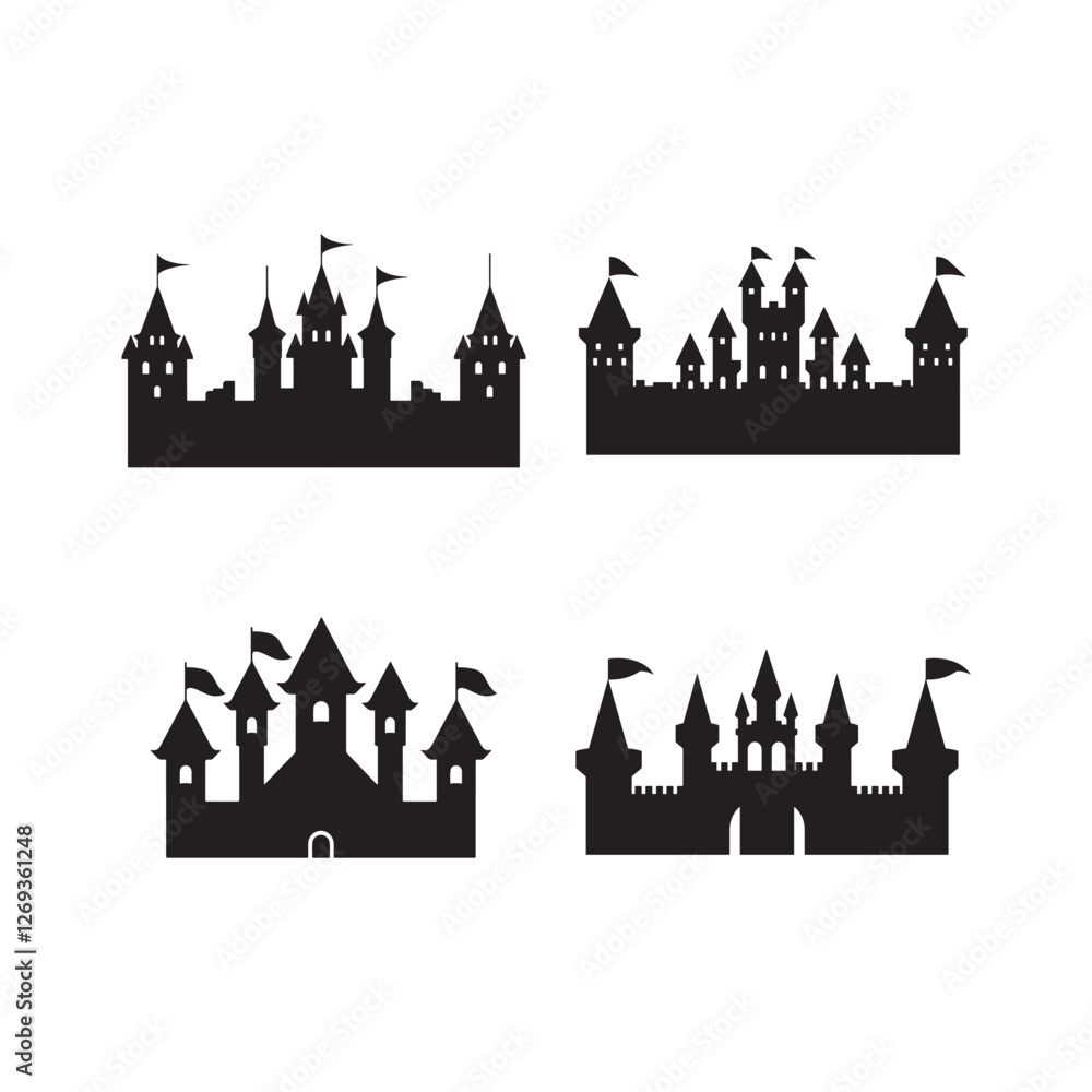 Simple Medieval Fortress Silhouette in Black and White Simple Medieval Fortress Silhouette in Black and White