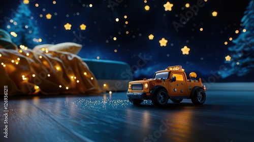 Toy truck on a wooden floor surrounded by fairy lights and stars at night. photo