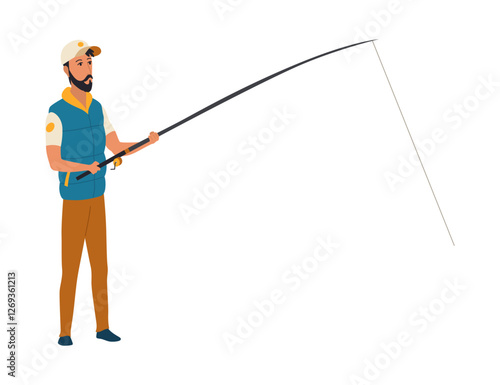 Cartoon men fishing. Male fishermen character with fishing rods on lake, summer catching process, men hobby recreation, leisure time, vector