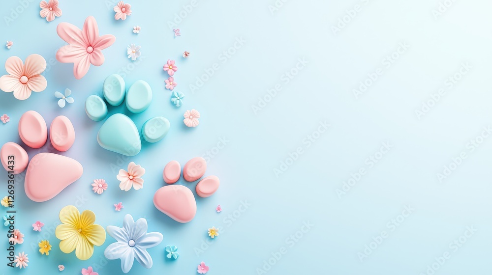 A colorful 3D paw print cartoon banner with dog or cat footprints on a calming blue background, evoking a cheerful, positive vibe, isolated on a white background with full depth of field. A colorful 3D paw print cartoon banner with dog or cat footprints on a calming blue background, evoking a cheerful, positive vibe, isolated on a white background with full depth of field.