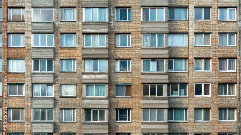 This image showcases a close-up view of a brick apartment facade featuring a meticulous arrangement of windows, illuminating urban architectural design and residential living. This image showcases a close-up view of a brick apartment facade featuring a meticulous arrangement of windows, illuminating urban architectural design and residential living.