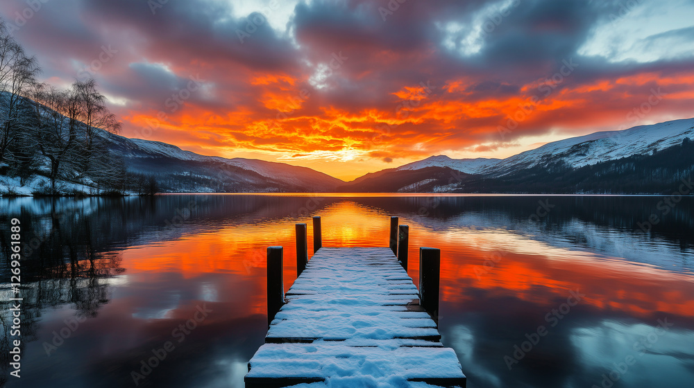 Naklejka premium Snow-covered wooden pier leading to a fiery winter sunset over a tranquil lake for scenic landscape and travel inspiration