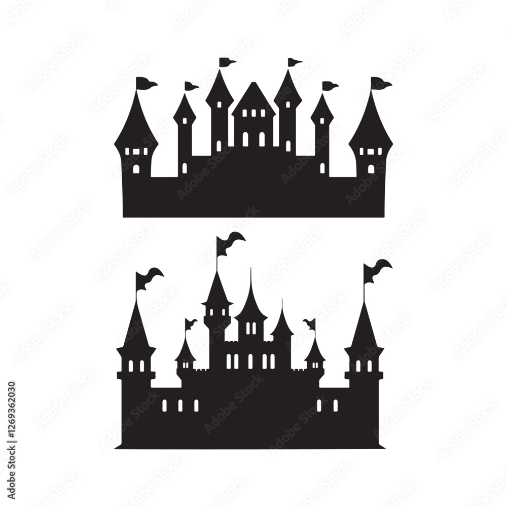 Fototapeta premium Minimalist Black Castle Silhouette Icon on White Background