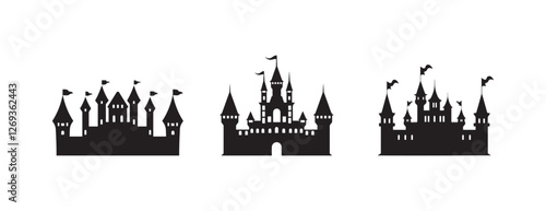 Minimalist Black Castle Silhouette Icon on White Background