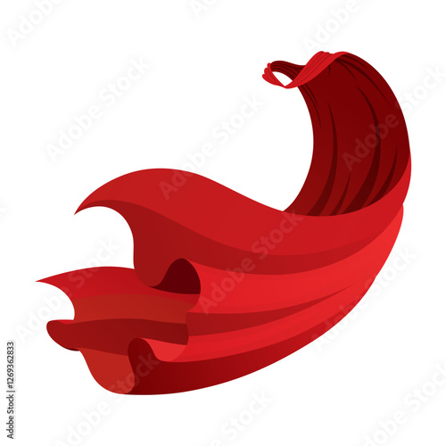 Superhero red cape in side view. Scarlet fabric silk cloak. Mantle costume or cover cartoon vector illustration