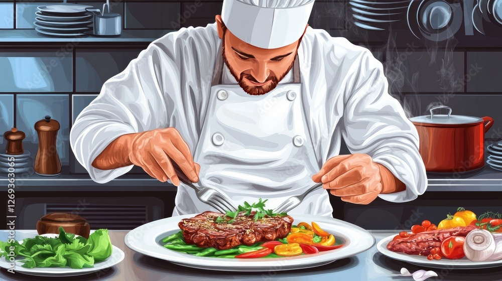 A beautifully arranged gourmet entre being prepared by a chef in a sophisticated, well-equipped restaurant kitchen A beautifully arranged gourmet entre being prepared by a chef in a sophisticated, well-equipped restaurant kitchen