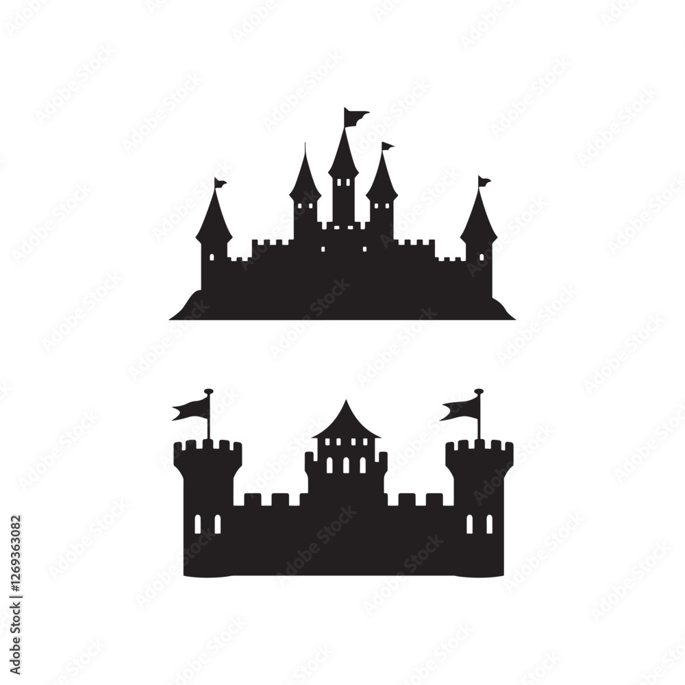 Minimalist Black Castle Silhouette Icon on White Background Minimalist Black Castle Silhouette Icon on White Background