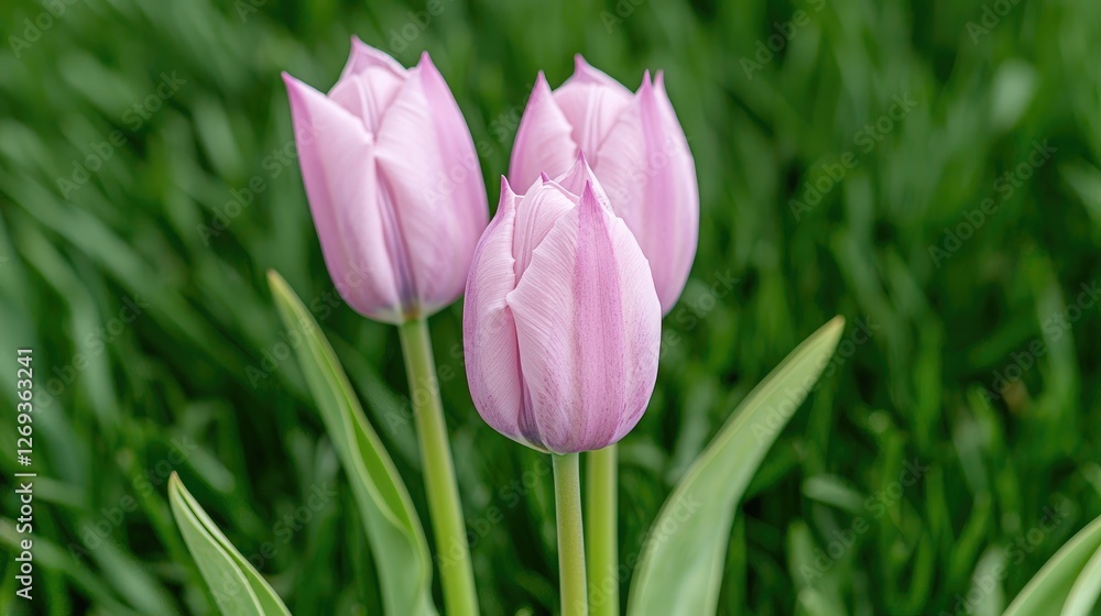 Three pink tulips in a garden setting. Possible use for cards, prints, or online display Three pink tulips in a garden setting. Possible use for cards, prints, or online display