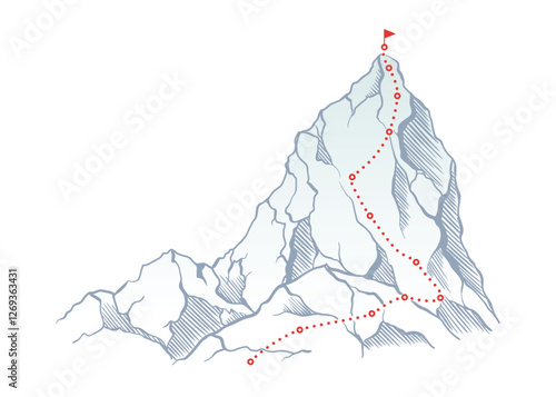 Mountain climbing route to top rock with red flag on peak. Business journey path in progress, way to success or concept of goal. Vector illustration