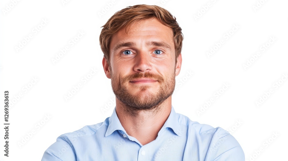 Confident young professional man with a friendly smile in a light blue shirt Confident young professional man with a friendly smile in a light blue shirt