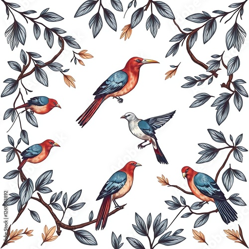 an image of a group of birds sitting on a branch, there is a pattern of birds sitting on a branch photo