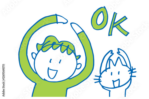 OKサインを出す男性とかわいい猫の手描きイラスト