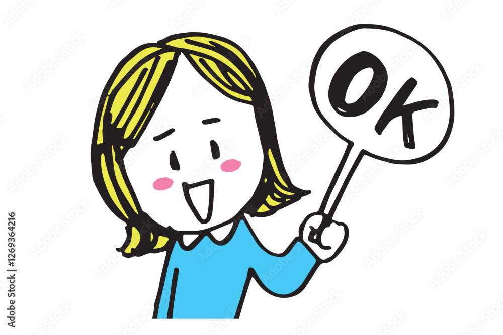 OKサインを出すかわいい女性の手描きイラスト
