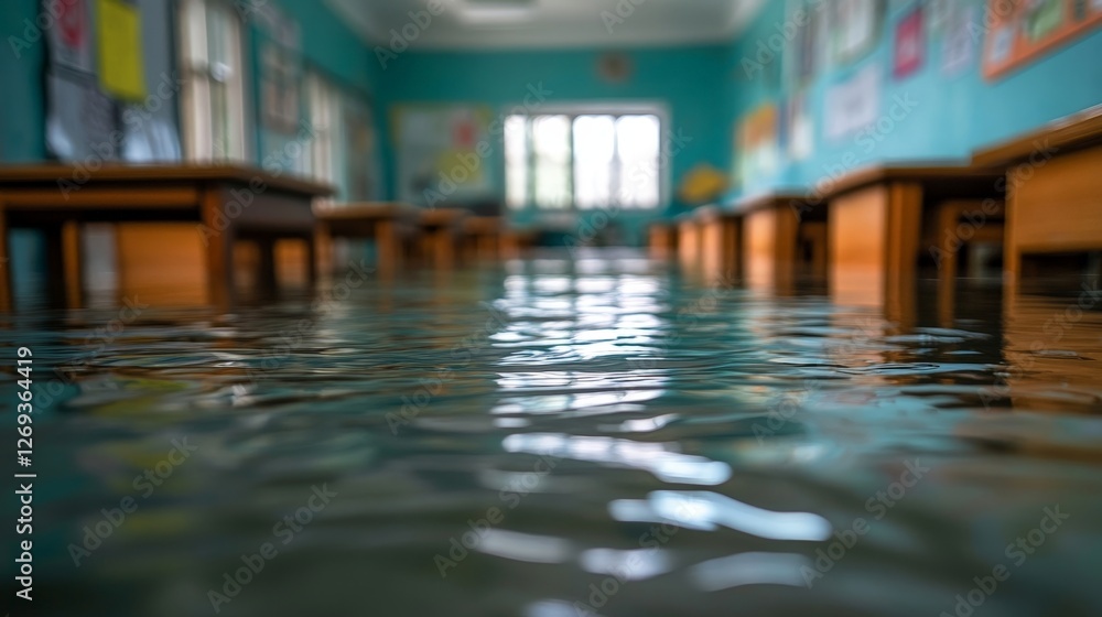 Fototapeta premium Flooded Classroom with Water Reflections and Distressed Educational Environment