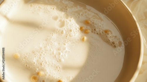 Creamy Soy Milk With Grains Bubbles Surface in Bowl Still Life Smooth Liquid Light Detail