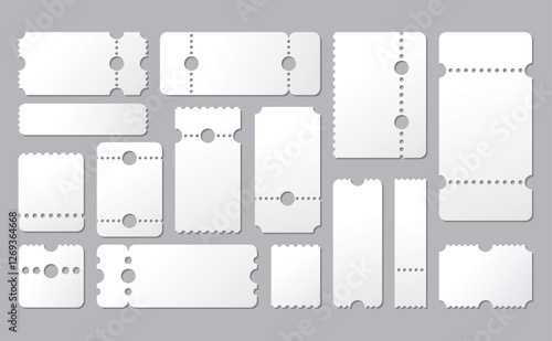 Empty tickets template. Set blank concert ticket, lottery coupons. Event coupon or cinema movie theater cards. Festival or circus paper empty flyers. Vector isolated illustration