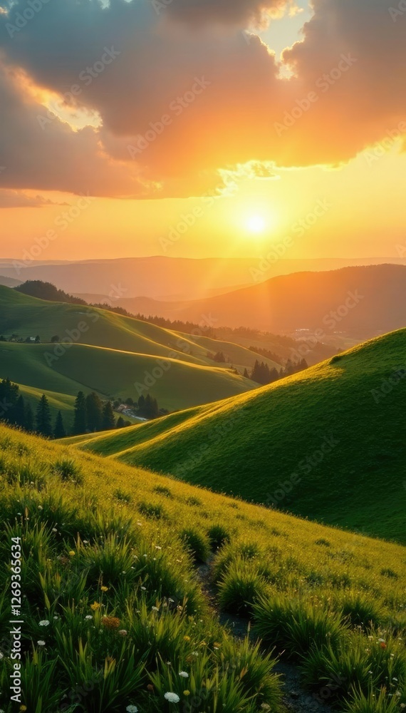 Fototapeta premium A serene landscape of rolling hills with a warm golden light at sunset, landscape, serene,