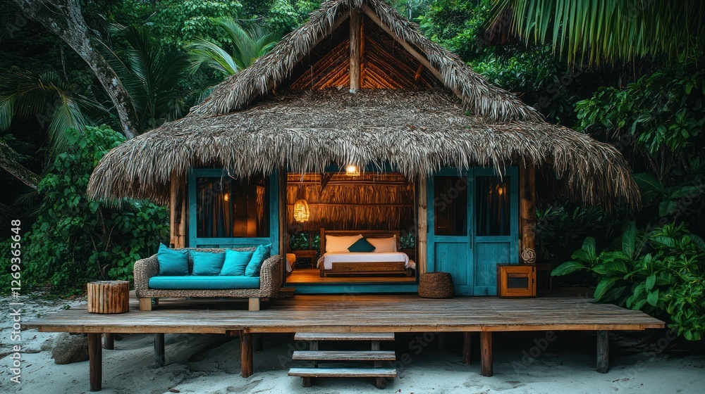 Tropical beach hut with turquoise accents on sandy beach, lush jungle backdrop