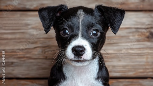 Adorable black and white dog sitting playfully with a lively expression and soft fluffy fur