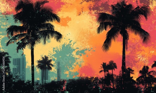 Palm trees sunset over cityscape abstract artwork.