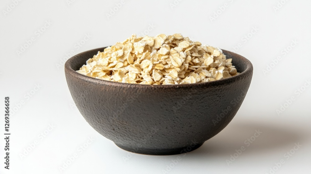 A deep ceramic bowl filled with plain oats, set against a white background, perfect for clean eating and nutrition concepts A deep ceramic bowl filled with plain oats, set against a white background, perfect for clean eating and nutrition concepts