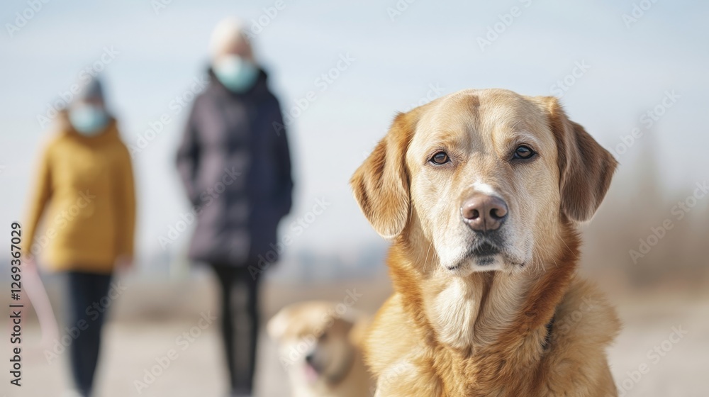 Golden Retriever Enjoying a Walk in Nature with Two People on a Sunny Day Golden Retriever Enjoying a Walk in Nature with Two People on a Sunny Day