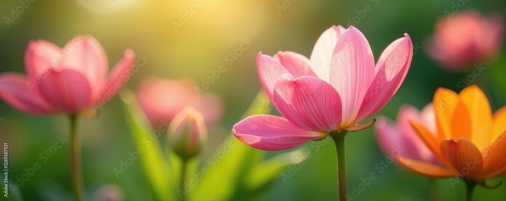 Fototapeta premium delicate flower petals unfolding in the breeze, spring, greenery, flowers