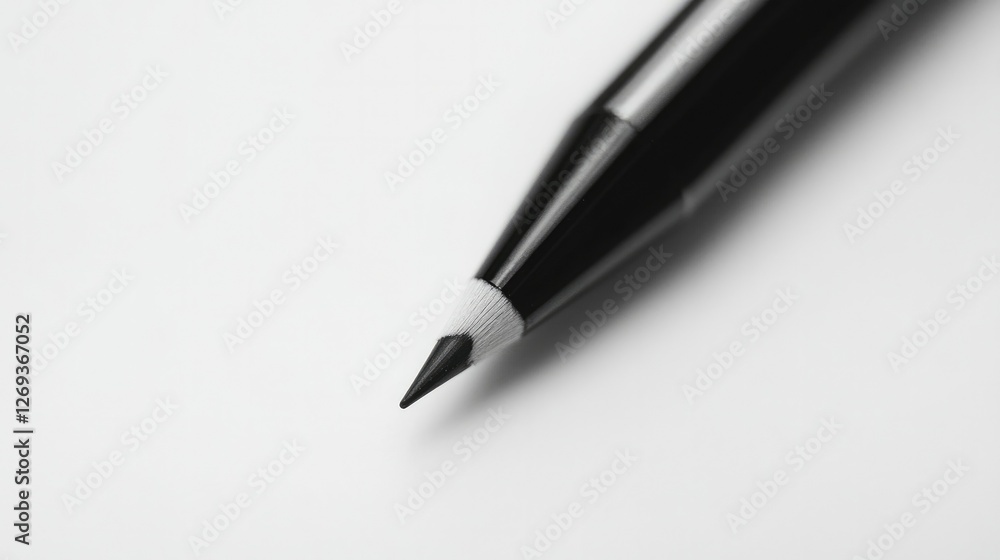 A detailed close-up of a glossy black pencil with a sharpened tip, set against a white backdrop, emphasizing its vibrant and sleek design A detailed close-up of a glossy black pencil with a sharpened tip, set against a white backdrop, emphasizing its vibrant and sleek design